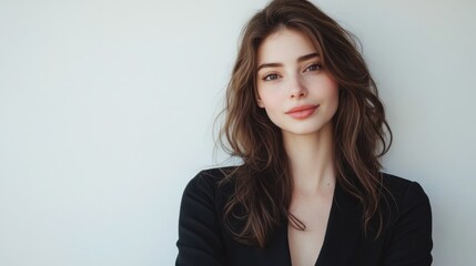 Wall Mural - Fresh and radiant young woman with long tousled brown hair in a black blazer posing confidently against a bright white background