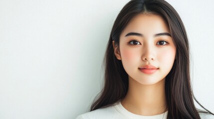 Wall Mural - Portrait of young Asian woman with flawless skin and long dark hair against a plain white background, showcasing beauty, skincare, and wellness concepts.