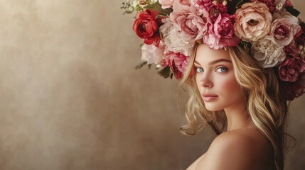 Wall Mural - Young pregnant woman with blonde hair and blue eyes adorned with a floral crown, exhibiting a serene and ethereal expression.