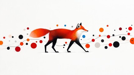 Sticker -   A portrait of a red fox in a white setting, surrounded by red, orange, and black orbs