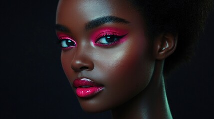 Wall Mural - Studio portrait of a model with bright pink eyeshadow and glossy lipstick against a dark black background highlighting radiant dark skin tones.