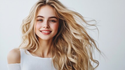 Wall Mural - Young adult woman with long wavy blonde hair smiling cheerfully in white off-shoulder top against soft neutral background conveying happiness and warmth.