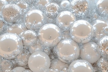 Wall Mural - cluster of disco balls reflecting light and creating a vibrant glittering pattern against a neutral 