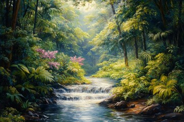 Wall Mural - Lush green forest with winding river flowing through the trees during daylight