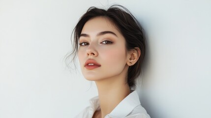 Wall Mural - Elegant young woman with natural makeup and soft features, wearing a white blouse, posing against a light neutral backdrop.