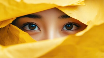 Sticker - Positive emotions reflected in the captivating eyes of a young Asian woman framed by vibrant torn yellow paper sheets, emphasizing warmth and brightness.