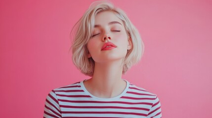 Wall Mural - Cute millennial woman with short blonde hair closed eyes wearing striped t-shirt against vibrant pink background showcasing peaceful expression.