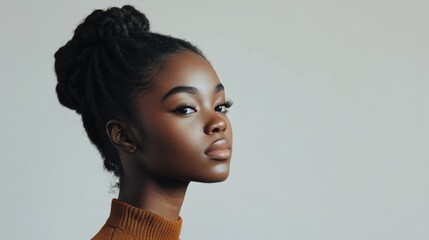 Wall Mural - Portrait of a young Black woman with natural hairstyle in studio setting wearing a cozy brown sweater against a soft white background.