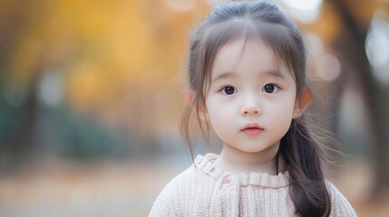 Wall Mural - Little girl in soft beige sweater standing in autumn park with colorful leaves, capturing innocence and serenity in a golden landscape.