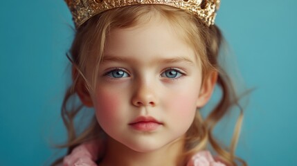 Wall Mural - Portrait of a young girl wearing a golden crown, with blue eyes and a soft pink outfit, against a light blue background in a studio setting.