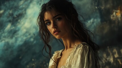 Wall Mural - Cinematic studio portrait of a young beautiful woman with long dark hair, soft lighting, and a serene expression against a textured blue background.