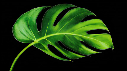 Wall Mural -  Close-up green leaf on black background