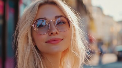 Canvas Print - Blonde woman with light skin and long hair smiling happily outdoors in city, wearing round sunglasses, capturing joy of online shopping experience.