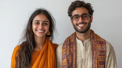 young smiling indian woman and man in stylish casual clothes on white background, india, family, couple in love, hindu