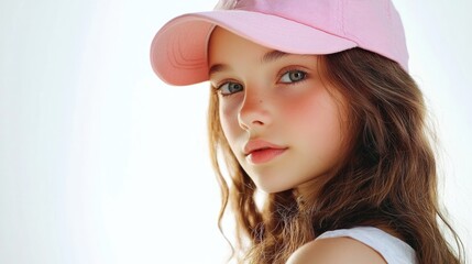 Wall Mural - Teenage girl with wavy brown hair wearing a pink cap, showcasing a fresh and youthful expression against a bright white background.