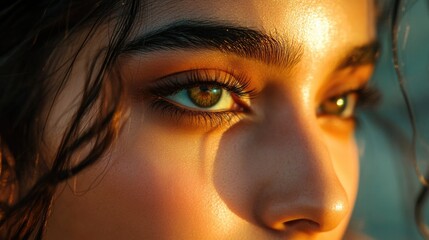 Wall Mural - Close-up of a Young Woman's Eye with Warm Golden Highlighting and Textured Dark Curly Hair Against a Soft Blurred Background in Natural Light