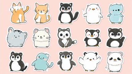 Poster - Collection of cute animal stickers featuring cats, pandas, and penguins on a pastel background. Generative AI