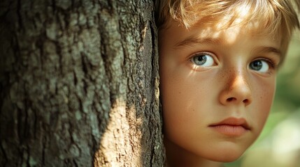 Wall Mural - Young boy peeking from behind a textured tree trunk with sunlight filtering through greenery in a playful summer outdoor setting