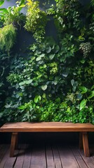 Poster - Lush green wall with wooden bench in tranquil indoor garden space