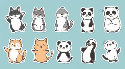 Poster - Cute animal stickers featuring playful designs of cats, pandas, and other critters on a light blue background. Generative AI