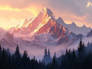 Majestic snow-capped mountain peak at sunset, overlooking a misty forest. Serene landscape photography.