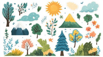 Aufkleber - Colorful collection of nature themed stickers featuring mountains, trees, flowers, and sun illustrations for creative projects. Generative AI