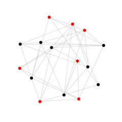 Wall Mural - Red and black nodes connected by lines in simple isolated abstract pattern. Network visualization showing interconnected data points. Complexity through simplicity.
