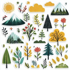 Poster - Colorful nature themed stickers featuring mountains, clouds, and plants perfect for creative projects and decorations. Generative AI