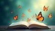 © Muhammad - stock photo Strong, hard light casts harsh shadows on an open book with fluttering pages and orange and black butterflies.