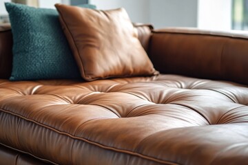 Poster - A stylish living room with a brown leather couch featuring blue pillows, perfect for a cozy atmosphere