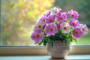 Poster - A decorative vase filled with pink flowers sits on a window sill, perfect for interior design or still life photography