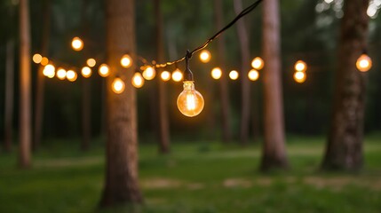 countryside wedding setup with bistro lights strung between trees