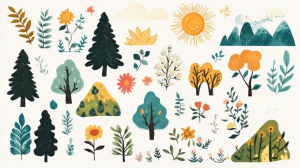 Aufkleber - Colorful nature themed stickers featuring plants, trees, and a bright sun against a light background. Generative AI