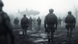 © musa - Soldiers marching in foggy battlefield, helicopter overhead