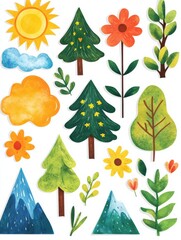 Poster - Colorful stickers featuring nature elements including trees, flowers, mountains, and a bright sun in a playful style. Generative AI