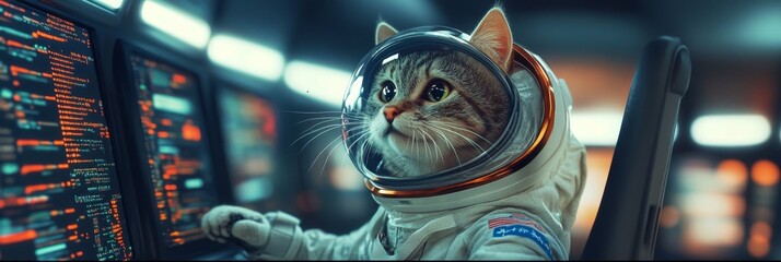 Astronaut Cat Monitoring Systems - A tabby cat in an astronaut suit sits at a computer console, monitoring complex data streams.  A futuristic setting.