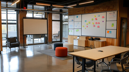 Wall Mural - A large white board with colorful sticky notes on it