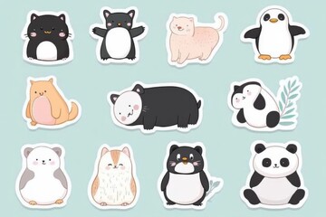 Poster - Cute animal stickers featuring diverse designs and playful expressions on a light blue background. Generative AI