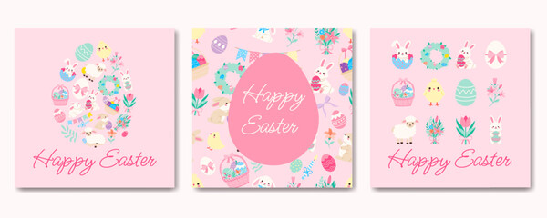 Wall Mural - a set of three easter cards with a pink background and a white border. the cards feature various eas