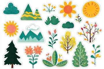 Poster - Colorful nature themed stickers featuring flowers, mountains, and trees for creative projects and decoration. Generative AI