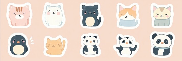 Poster - Cute animal stickers featuring cats, dogs, and penguins against a soft pastel background to brighten your day. Generative AI