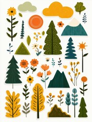 Poster - Colorful collection of nature themed stickers featuring flowers and trees perfect for crafting and decorating. Generative AI