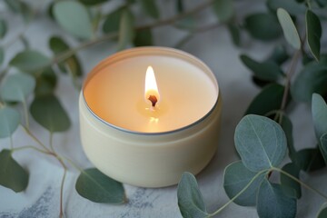 Sticker - A lit candle sits on top of a wooden table with a simple and elegant design