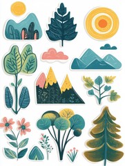 Poster - Colorful nature themed stickers featuring plants, mountains, and sunshine for crafts or decoration. Generative AI