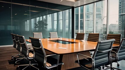 Aufkleber - Modern meeting room with a large table and view of city skyline reflects a professional atmosphere and collaboration opportunities