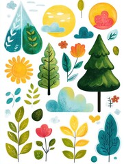 Poster - Colorful collection of nature themed stickers featuring flowers, trees, and clouds for creative projects and decoration. Generative AI