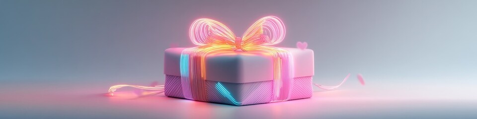 Sticker - Neon-lit gift box with glowing ribbon, a symbol of celebration and joy.