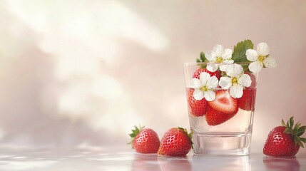 Wall Mural -   Glass of water with strawberries and white flowers on the rim