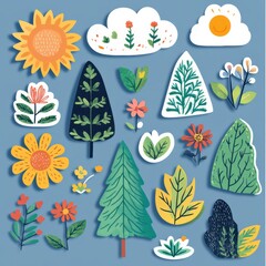 Poster - Creative display of colorful stickers featuring nature elements like flowers, trees and clouds against a blue background. Generative AI