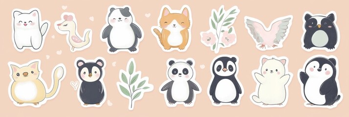 Poster - Cute animal stickers featuring various playful characters and charming designs on a soft pastel background. Generative AI